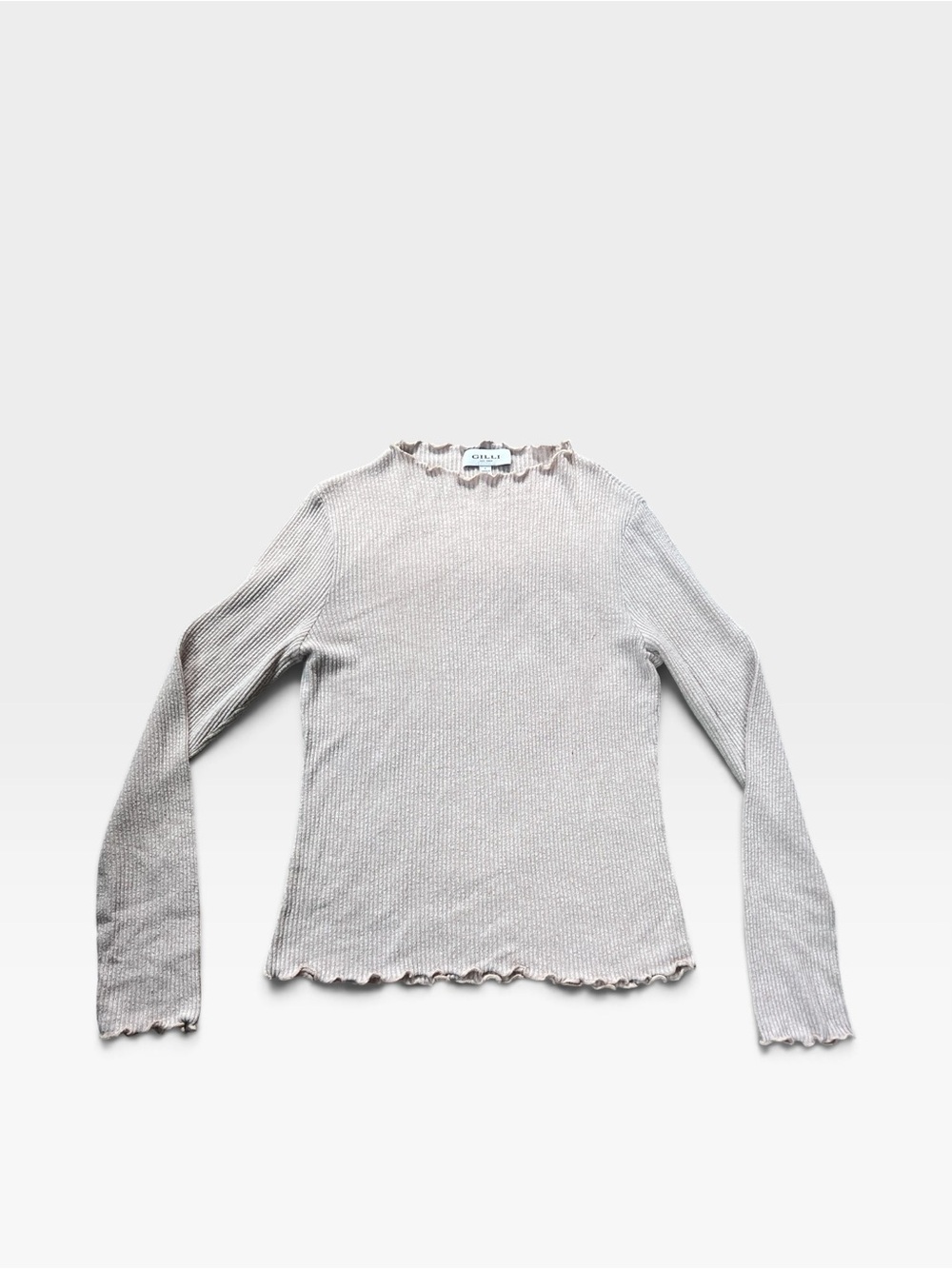 Gilli Cream Ruffle-Edge Ribbed Crewneck Sweater